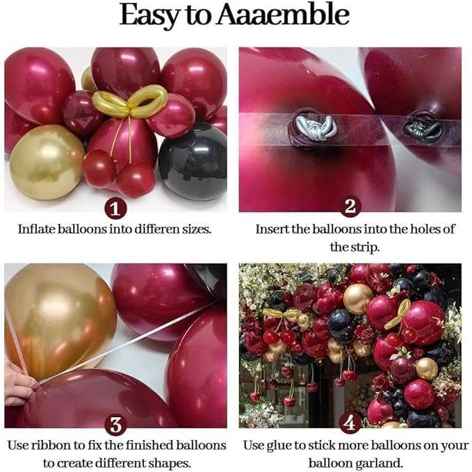 Burgundy Black Balloon Arch Double Stuffed Dark Ruby Red Gold Maroon Black Balloon Garland Kit for Birthday Wedding Bridal Shower Mothers Day Graduation Engagement Cherry Anniversary Party Decor