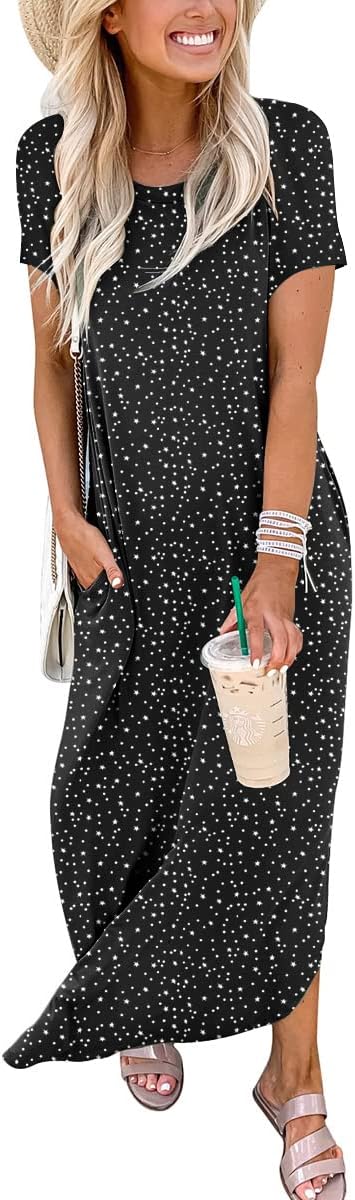 ANRABESS Womens Summer Maxi Dress Short Sleeve Casual Loose Long T Shirt Dresses Split Vacation Beach Sundress Travel Outfits