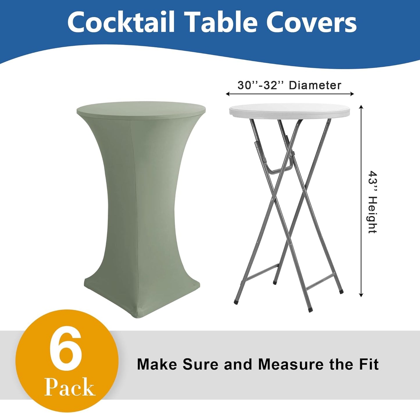 Cocktail Table Covers-Spandex Round High Top Table Cloths 6 Pack 32x43 Inch-Sage Stretch Fitted Bar Tall Tablecloth for Pub Bistro Highboy Party Event Banquet Height Folding Satnding Tables