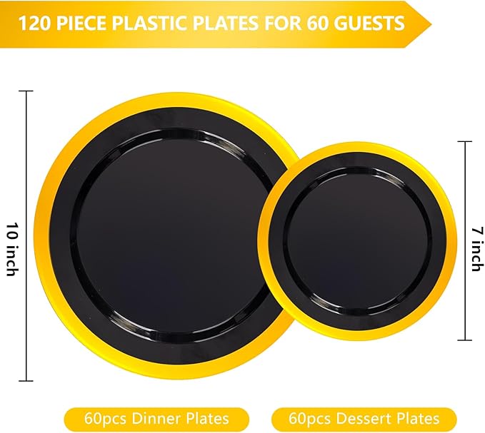 supernal 120pcs Black and Gold Plastic Plates Disposable Fancy Elegant Party Plates Heavy Duty Gold Plastic Dinnerware with Dinner and Dessert Size for Party, Valentine's Day Party and Wedding