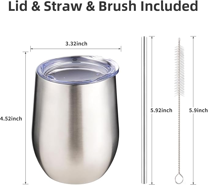 12 oz Insulated Wine Tumbler with Lid and Straw,Stainless Steel Stemless Wine Tumbler Glasses Double Wall Vacuum Wine Cups Tumbler Bulk for Coffee,Cocktail,Office(Silver,4)