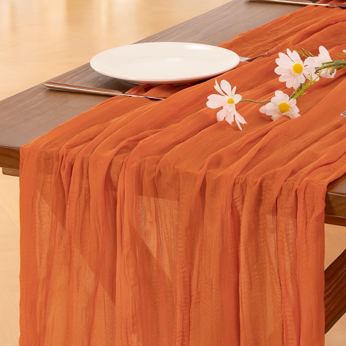 Socomi 10pcs Orange Fall Thanksgiving Cheesecloth Table Runner Boho Rustic Gauze 120 inch 10FT Cheese Cloth Runner for Wedding Party Baby Shower Birthday Home Decor Holiday Decorations