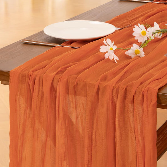Socomi 10pcs Orange Fall Thanksgiving Cheesecloth Table Runner Boho Rustic Gauze 120 inch 10FT Cheese Cloth Runner for Wedding Party Baby Shower Birthday Home Decor Holiday Decorations