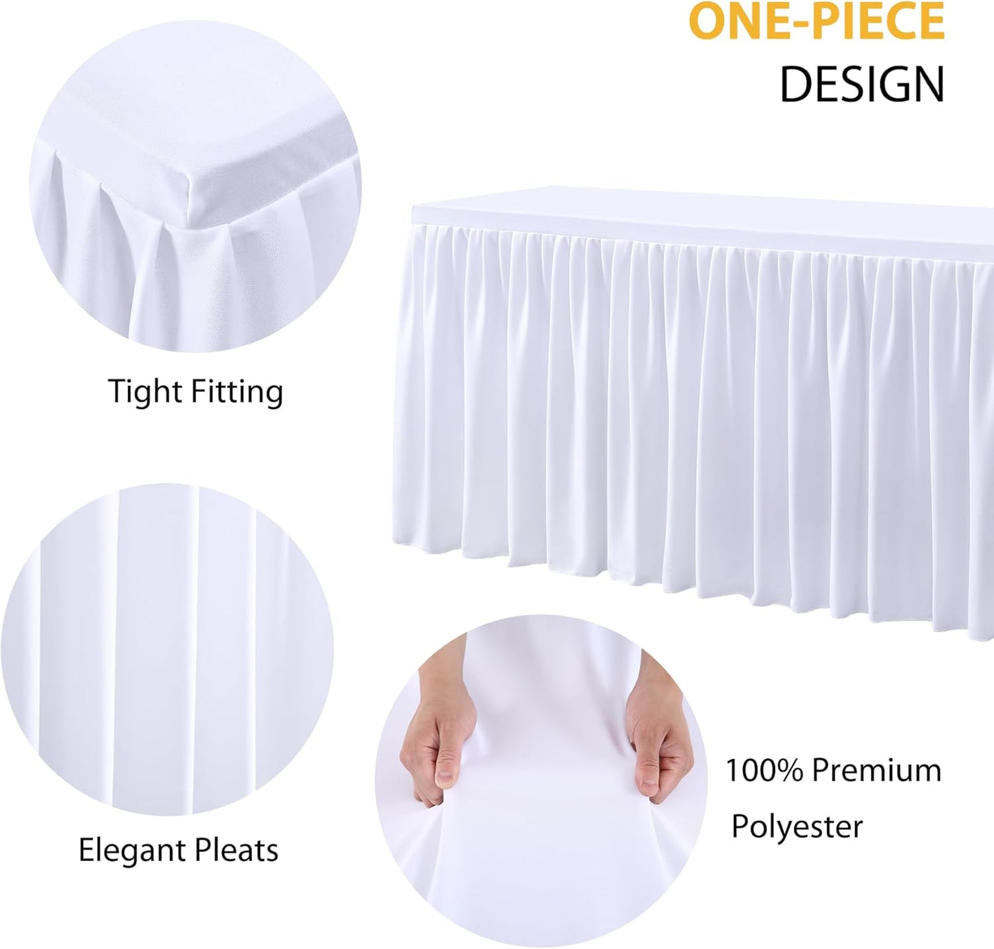 White Polyester Table Clothes for 4 Foot Rectangle Tables, Wrinkle Free Fitted Table Cover 4ft Stretch Tablecloths with Skirt for Parties Weddings Birthday Banquet Baby Shower