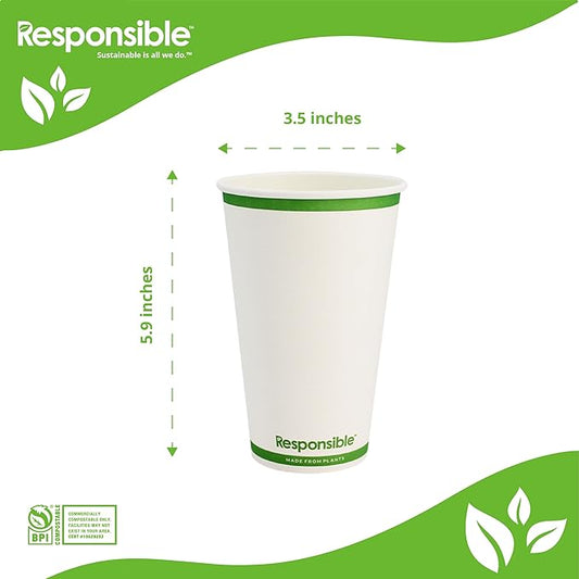Responsible Products Certified Compostable 20 oz Paper Cups, Cold ＆ Hot Coffee Cups, Disposable Paper Cups, Extra Strength Disposable Cups, Made without PFAS (50 count)