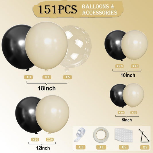 White Sand Black Balloons Arch Kit with Bobo Balloon, 151Pcs Latex Balloons Garland 18 12 10 5 inch for Birthday Wedding Bridal Shower Bachelorette Anniversary Party Decorations