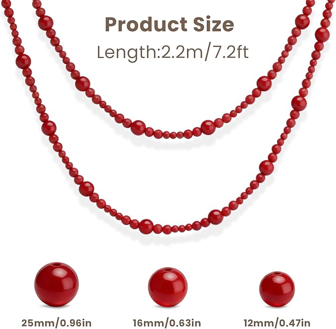 2PCS Christmas Wood Beads Garland 14.4 Feet Wooden Bead Garland Boho Ornaments for Christmas Tree, Xmas Vintage Rustic Farmhouse Round Craft Bead Hanging Holiday Decorations(Red)