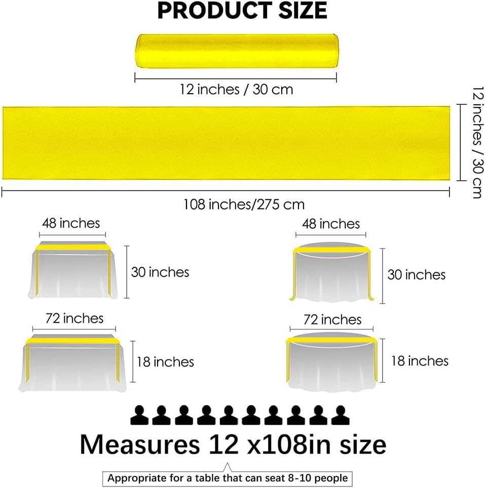 12 Pack Satin Table Runner 12 x 108 Inch Long Satin Table Runners for Wedding Banquet Graduations Birthday Party Decoration (Yellow)