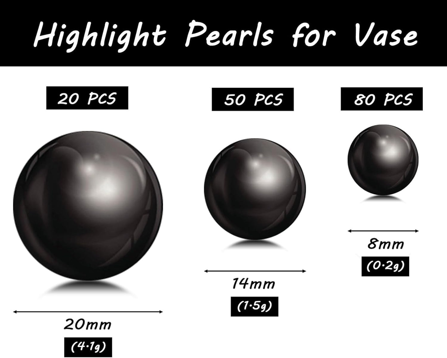 150Pcs Black Polished No Hole Faux Pearl Beads for Vase Filling Decorations, Plastic Pearls Vase Fillers, Table Scatters, Wedding Centerpiece, Home Decor, 8/14/20 mm