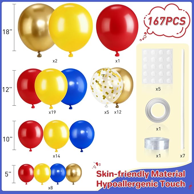 Red Blue Yellow Balloons Garland Arch Kit, 167Pcs Latex Balloons Different Sizes for Snow Beauty White Birthday Bridal Baby Shower Wedding Carnival Circus Cartoon Theme Party