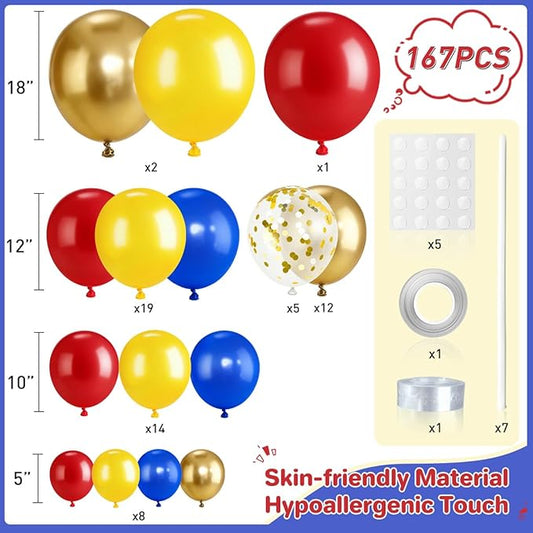 Red Blue Yellow Balloons Garland Arch Kit, 167Pcs Latex Balloons Different Sizes for Snow Beauty White Birthday Bridal Baby Shower Wedding Carnival Circus Cartoon Theme Party