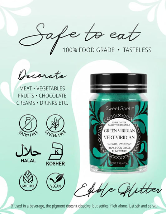 Sweet Spell Edible Glitter (15g) - Shimmer Sparkles for Drinks, Cakes, Cocktails - 100% Edible & Food Grade Glitter, Vegan, Gluten-Free (Mermaid Green)
