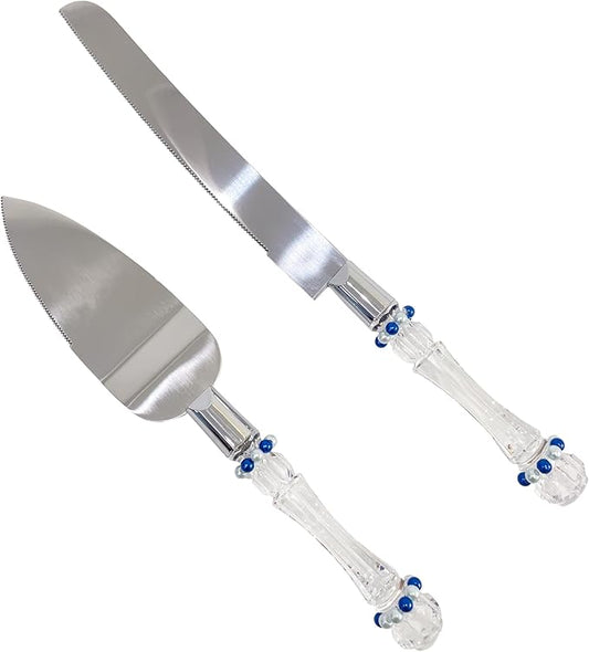 FISHBONE Stainless Steel Wedding Cake Knife and Server Set with Delicated Nautical Blue Rings Design - Perfect Cake Cutting Set for Weddings and Special Occasions