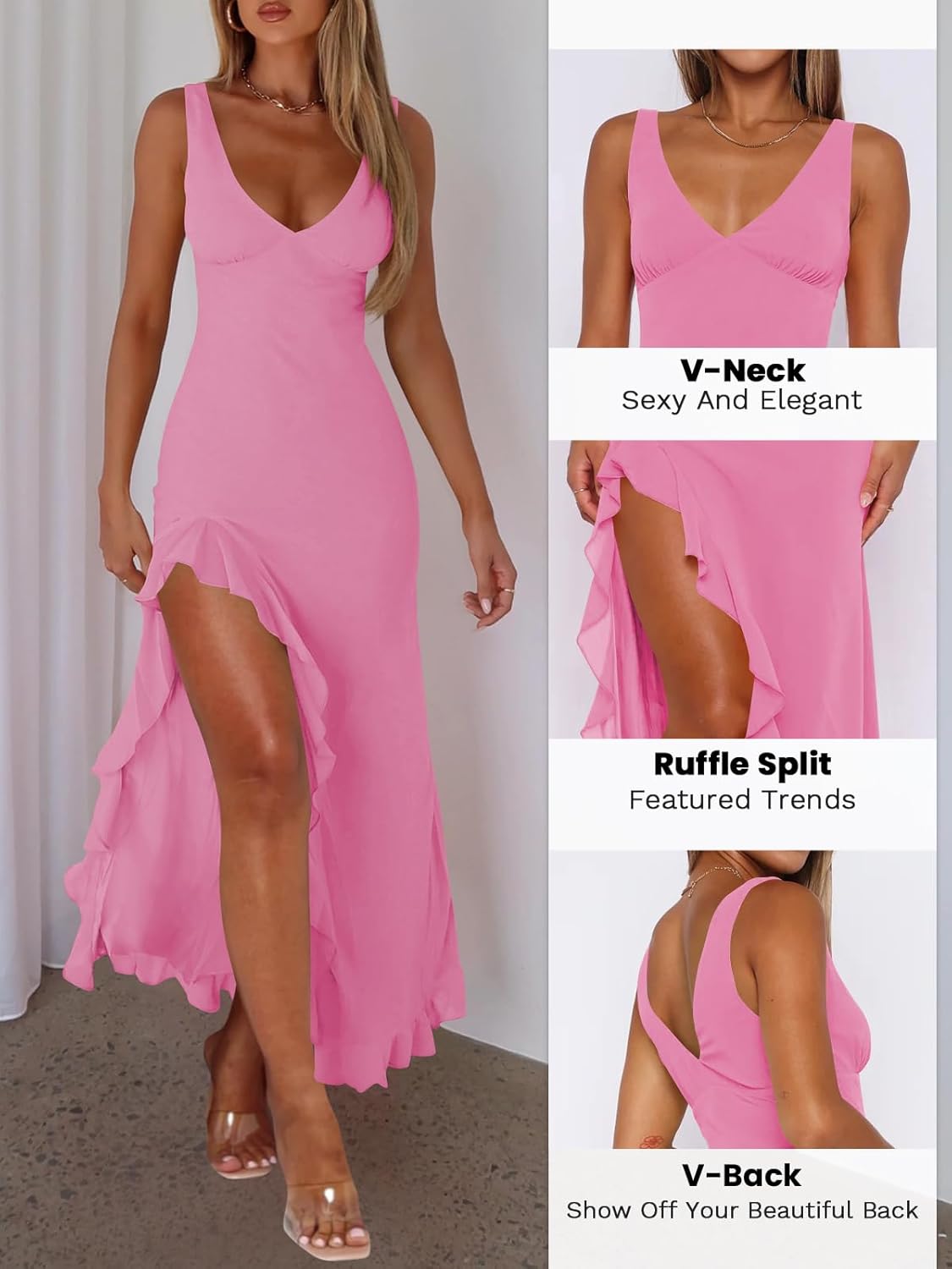 Women Sexy V Neck Sleeveless Mesh Ruffle Hem Bodycon Maxi Casual Backless High Slit Cocktail Party Dress