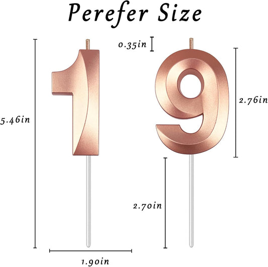 Rose Gold Number 19 Candles, 3D Diamond 2.76 Inch Cake Topper Birthday Candles for Wedding Anniversary Cake Decorations, Happy Birthday Party Decorations