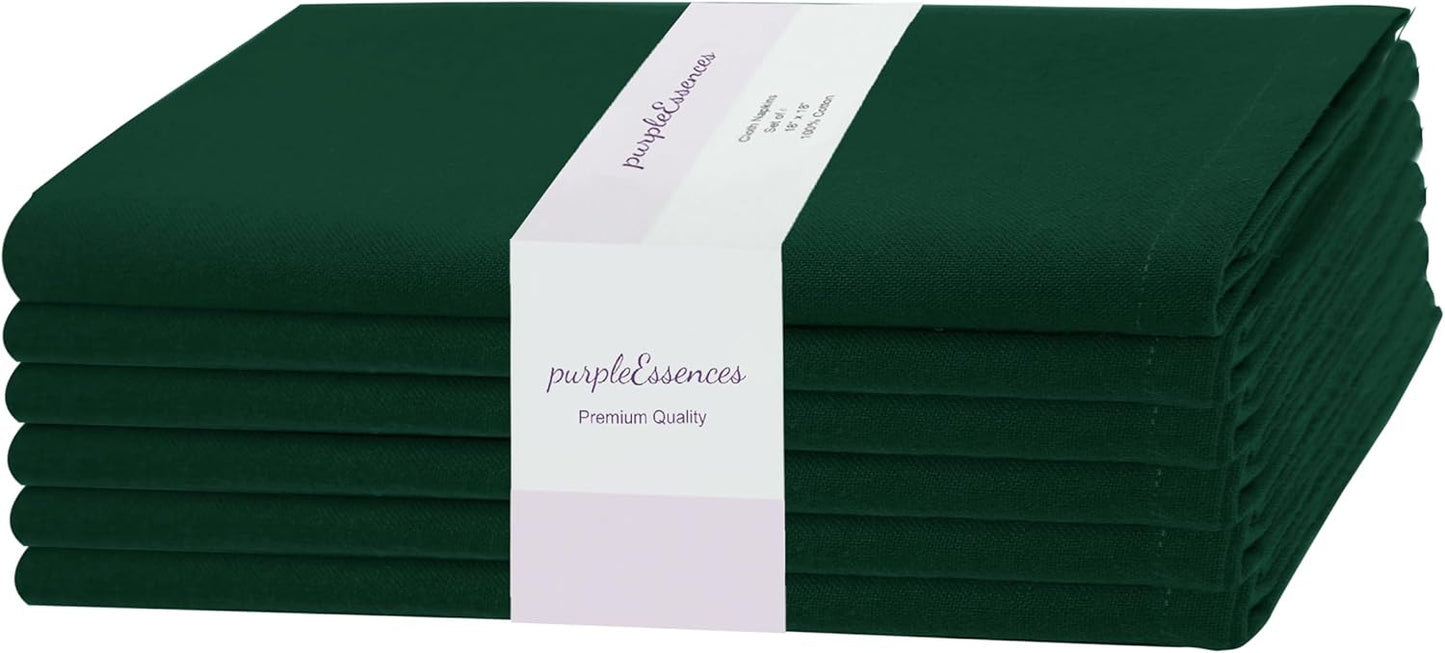 PurpleEssences Set of 6 Cloth Dinner Napkins 100% Cotton 18x18 Inch - Soft Durable Washable - Ideal for Farmhouse Party Fall Thanksgiving - Perfect Everyday Use Table Linen - Forest Green