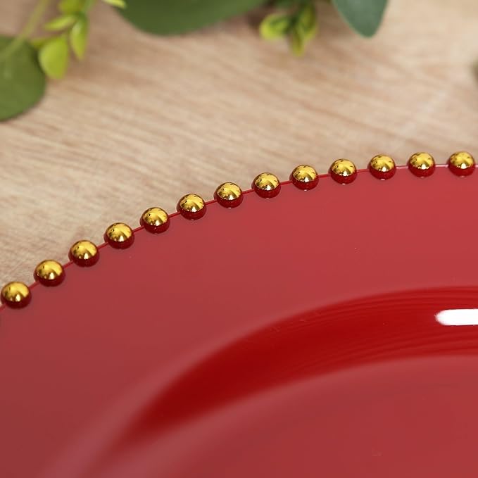 Efavormart 10-Pack Economy Plastic Charger Plates 13" Round Red with Gold Beaded Rim - Stylish Dinner Party Serving Plates