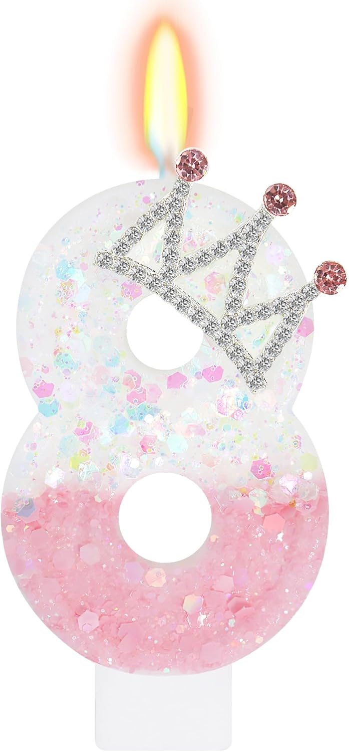 Pink White Number 8 Candle, Glitter Crown Cake Topper, Princess Birthday Party Decorations for Girls and Women Anniversary Celebrations Party Favors