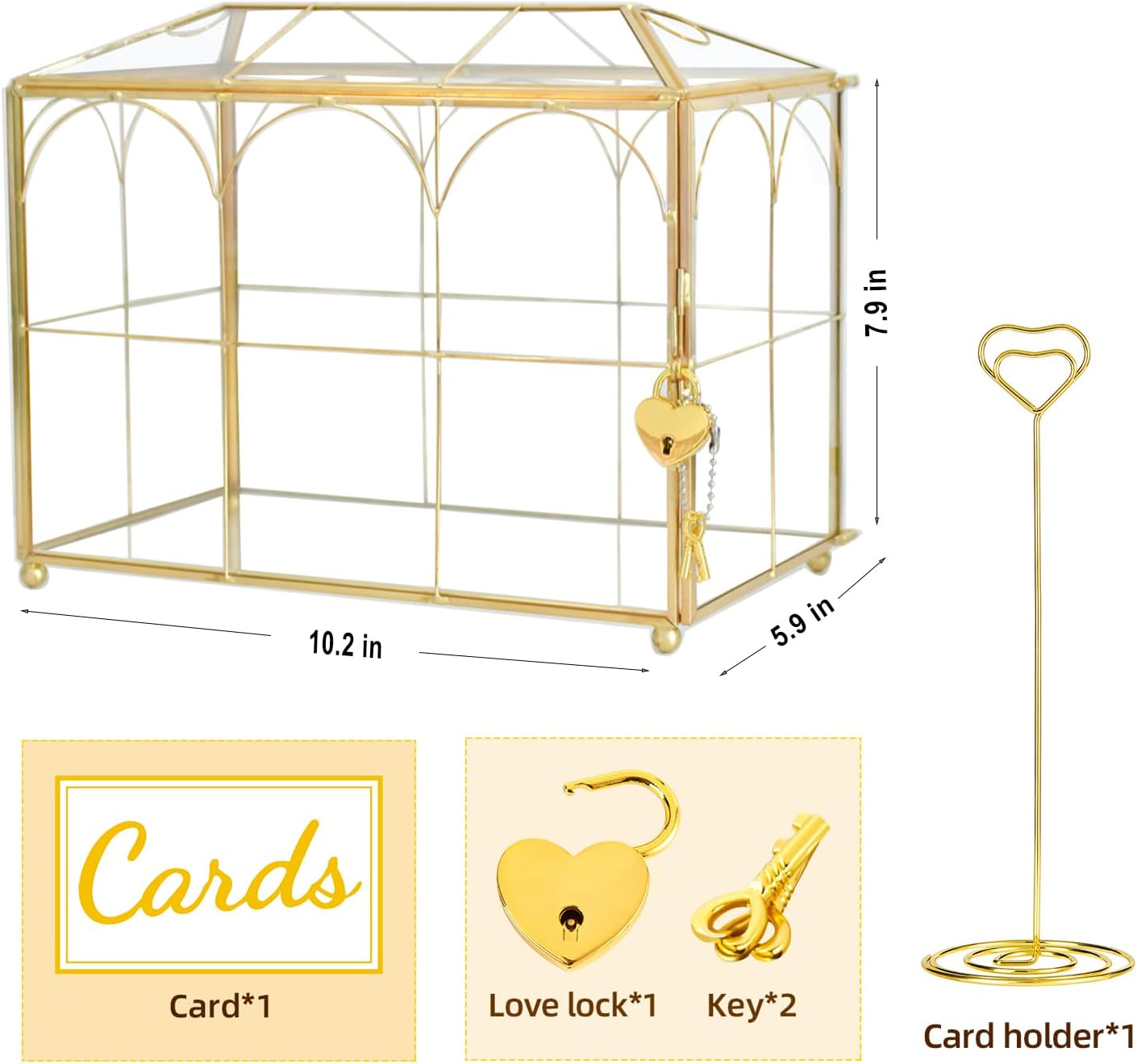 Glass Wedding Card Box with Slot, 10.2 x 5.9 x 7.9 Inches Handmade Vintage Gold Wedding Card Boxes for Reception, Keepsake, Baby Shower, Graduation, Party Decorative Box