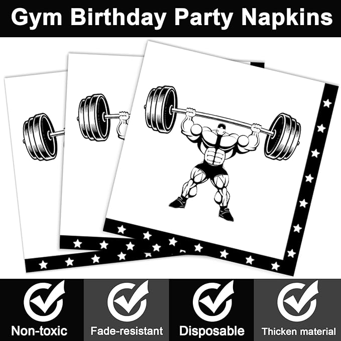 OBUSATT 96 Pcs Gym Birthday Party Supplies Bodybuilder Theme Paper Plates Weightlifting Party Plates and Napkins Forks Barbell Birthday Decorations for Gym Lovers and Weight Lifters Serves 24
