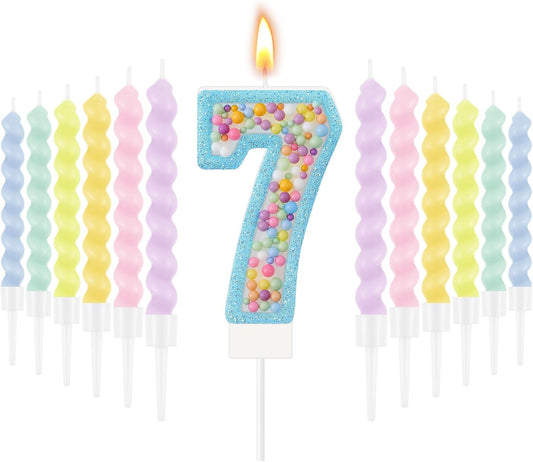 MTLEE Number 7 Birthday Candle Macaron Glitter 3D Number Candle with 12 Pcs Rainbow Spiral Candles in Holders for Girl Boy Cake Topper Wedding Anniversary Pastel Sweet Theme Party Decoration