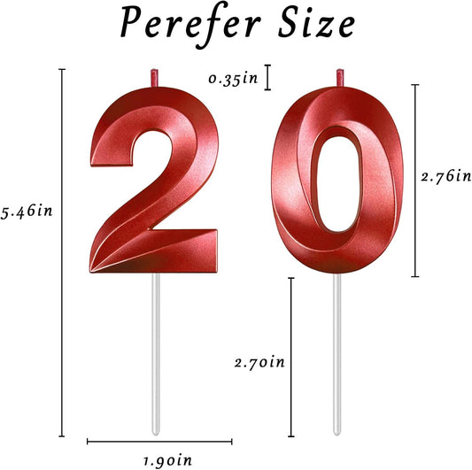 Red Number 20 Candles, 3D Diamond 2.76 Inch Cake Topper Birthday Candles for Wedding Anniversary Cake Decorations, Happy Birthday Party Decorations