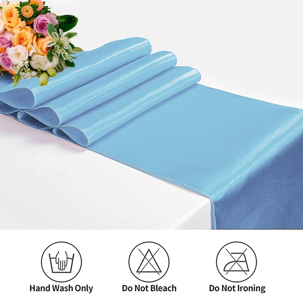 12 Pack Satin Table Runner 12 x 108 Inch Long Satin Table Runners for Wedding Banquet Graduations Birthday Party Decoration (Baby Blue)