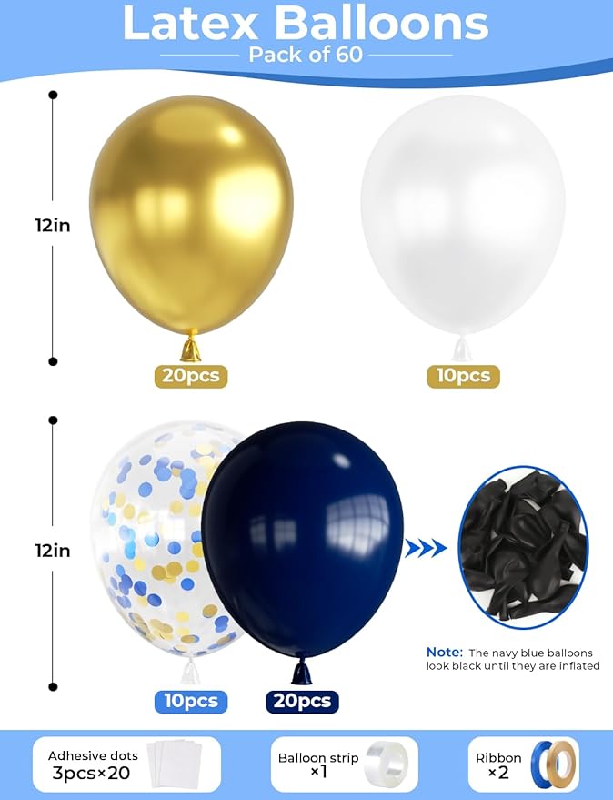 Navy Blue and Gold Confetti Balloons,12 Inch 60pcs Pearl White and Metallic Gold Latex Balloons for New Year Party, Graduation,Birthday,Baby Shower,Anniversary,Wedding,Party Decoration