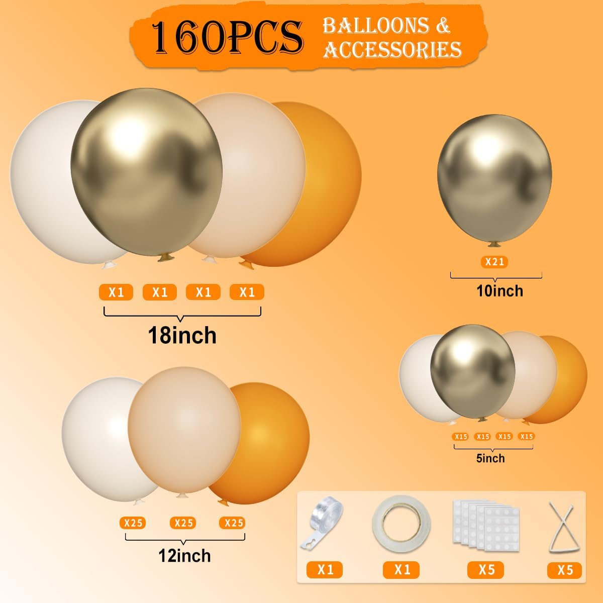 Yellow White Nude Gold Balloon Garland Arch Kit, 160Pcs Boho Latex Balloons Different Sizes 18 12 10 5 inch for Birthday Baby Shower Anniversary Party Decorations
