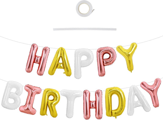 TONIFUL Happy Birthday Balloons Banner 16 Inch Mylar Foil Letters Birthday Sign Reusable for Girls Boys Kids & Adults Birthday Party Decorations Supplies（Rose Gold Gold White）
