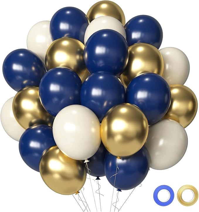 Navy Blue Metallic Gold White Balloons, 50 Pcs 12 Inches Navy Blue and Gold White Sand Latex Balloon for Wedding, Graduation, Birthday Baby Shower, Birthday, Bridal Party Decorations