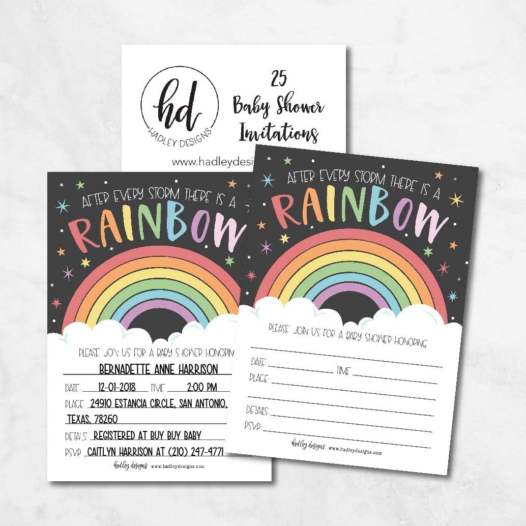 Hadley Designs 25 Rainbow Baby Shower Invitations for boy or girl, Gender Neutral Reveal Themed, Cute Printed Fill or Write In Blank Printable Card, After Every Storm Coed Twin Party Paper Supplies