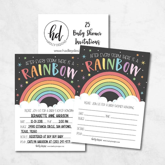 Hadley Designs 25 Rainbow Baby Shower Invitations for boy or girl, Gender Neutral Reveal Themed, Cute Printed Fill or Write In Blank Printable Card, After Every Storm Coed Twin Party Paper Supplies