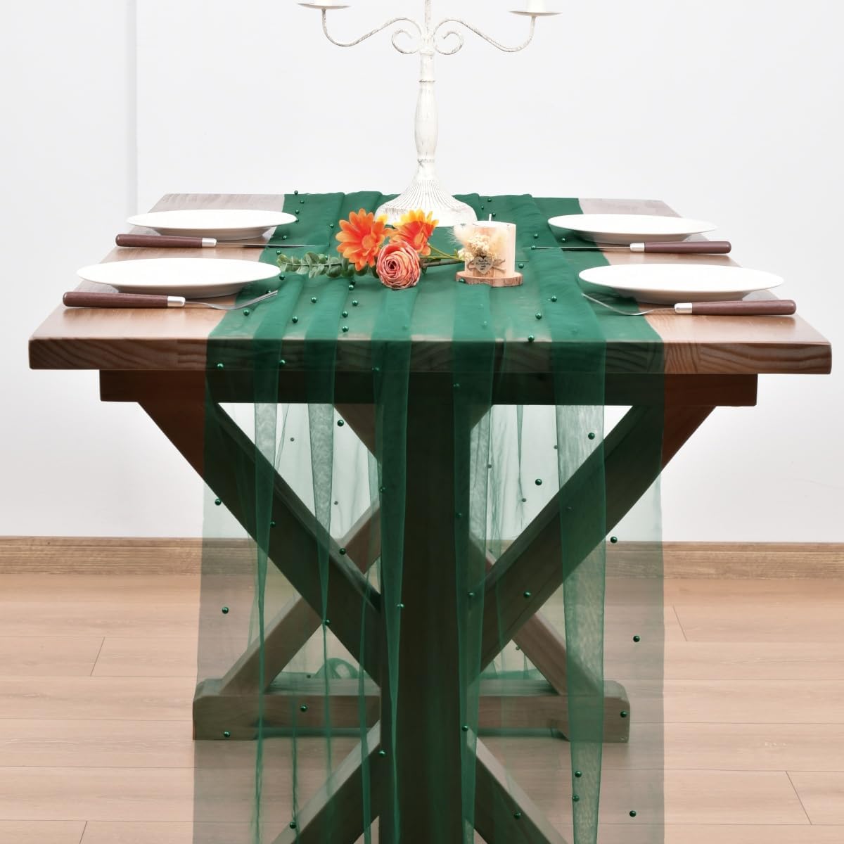 Dark Green Pearl Fall Thanksgiving Table Runner Boho Rustic Tulle Lace Table Runner for Baby Shower Wedding Arch Decor Veil Dessert Table Decor 3pcs