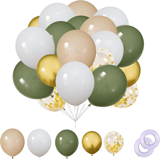62Pcs 12Inch Sage Green White Gold Balloons Arch Kit, Green White Metallic Gold Confetti Balloons with Ribbons for Birthday, Wedding, Baby Shower, Graduation, Eucalyptus Party Decorations