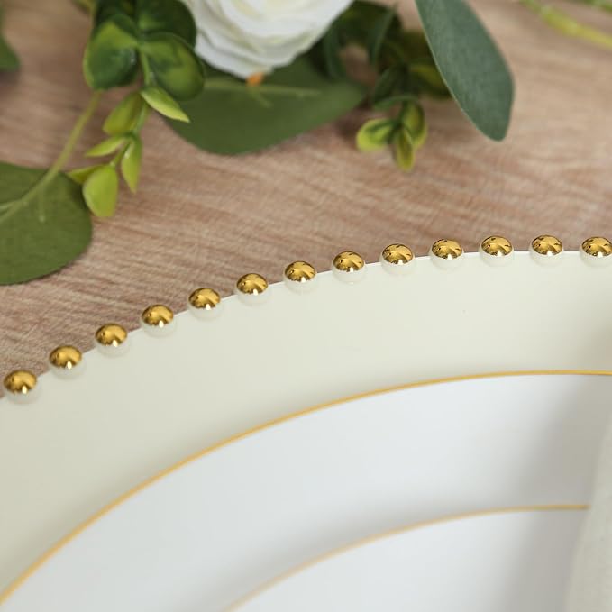 Efavormart 10-Pack Economy Plastic Charger Plates 13" Round Ivory with Gold Beaded Rim - Stylish Dinner Party Serving Plates