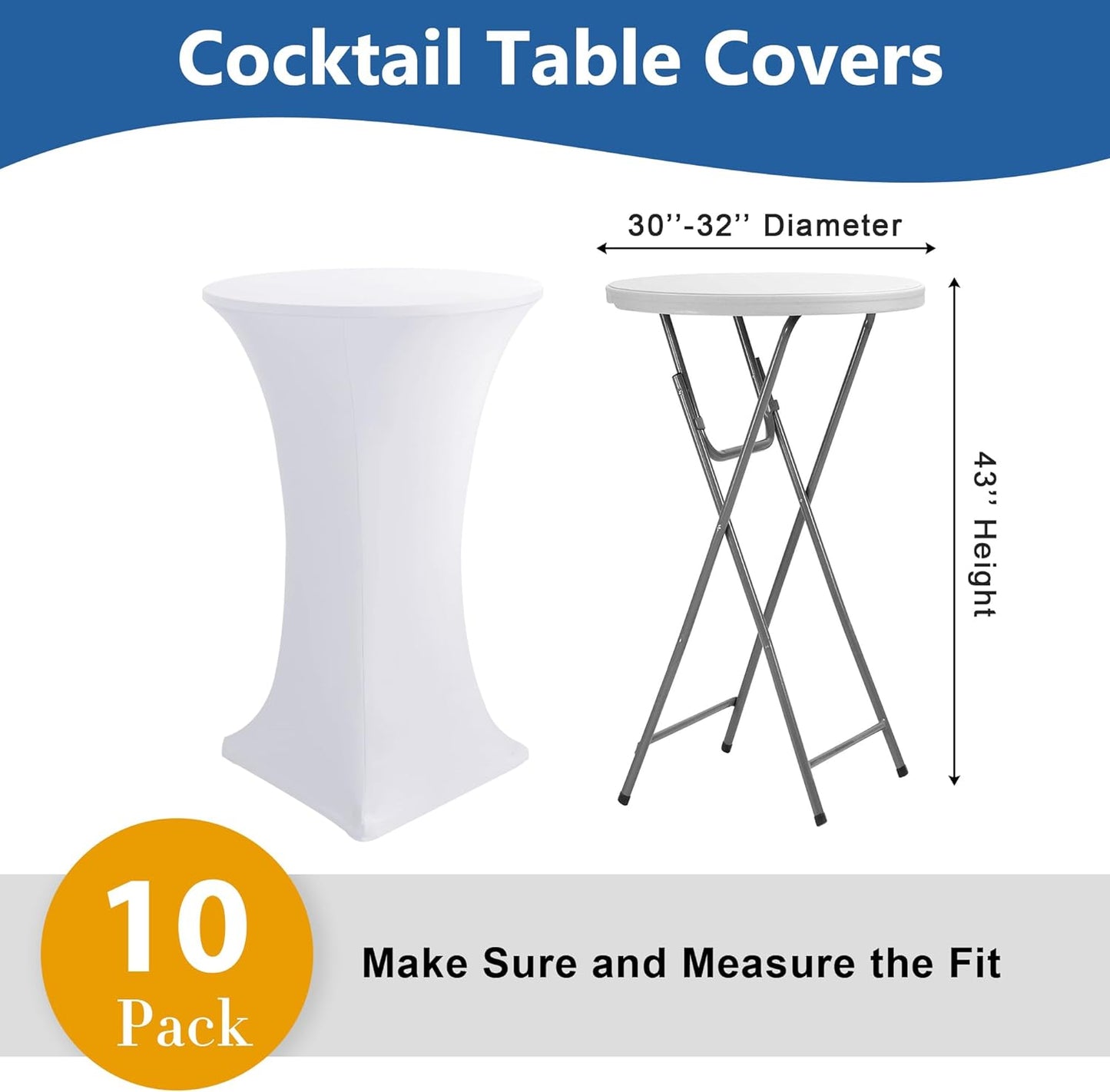 Cocktail Table Covers-Spandex Round High Top Table Cloths 10 Pack 32x43 Inch-White Stretch Fitted Bar Tall Tablecloth for Pub Bistro Highboy Party Event Banquet Height Folding Satnding