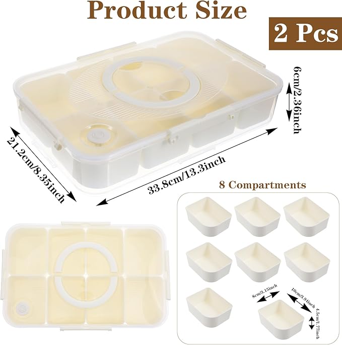 2 Pack Divided Snack Container with Lid & Handle, Dishwasher Safe 8 Compartment Snack Platters, Portable Snackle Box Container for Fruits, Candy, Nuts, Charcuterie, Picnic, Party & Travel