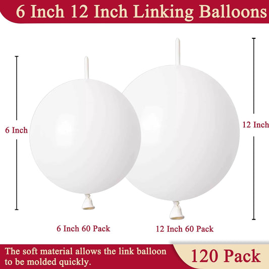 White Link Balloons 6 & 12 Inch – 120 Pcs Latex Linking Balloons for Wedding & Baby Shower Decor