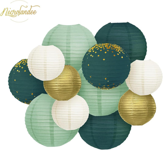 NICROLANDEE Green Wedding Party Decorations - 12PCS Green Gold Paper Lanterns for St Patrick's Day Bridal Shower Baby Shower Birthday Eucalyptus Neutral Garden Party Decor