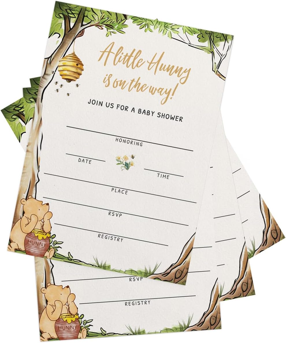 Printed Party Winnie Baby Shower Invitations with Envelopes – Classic Pooh Theme, Gender Neutral Storybook Design for Baby Boy or Girl, Set of 30