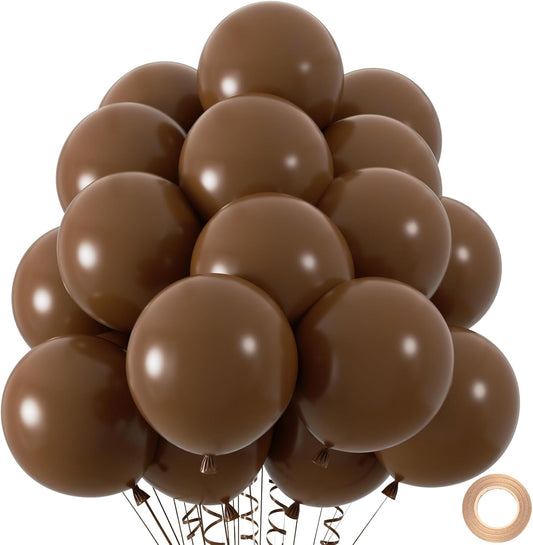 50pcs Brown Balloons, 12inch Dark Brown Latex Neutral Balloons for Birthday Party BOHO Wedding Bear Baby Shower Decoration (With Ribbon & Glue)