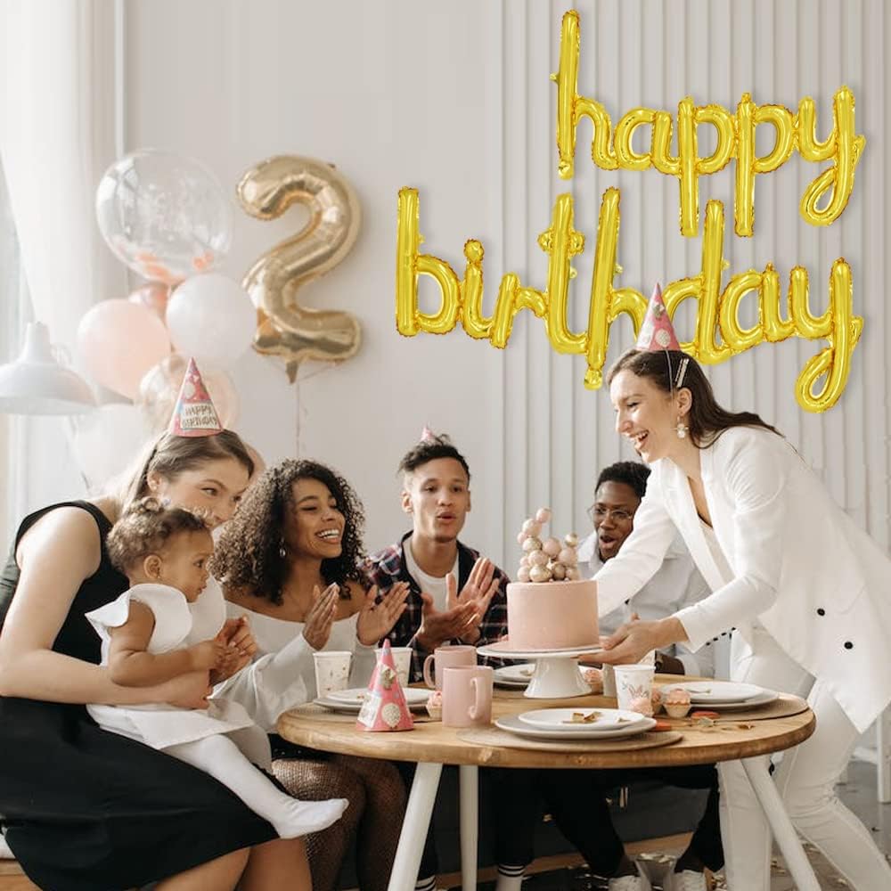 TONIFUL Gold Happy Birthday Balloons Banner, 16 Inch Mylar Foil Script/Cursive Letters Birthday Sign Banner Balloon Reusable Material for Girls Boys Kids & Adults Birthday Decorations