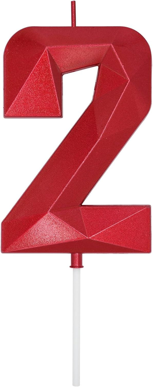 DERVENTA Large Birthday Candle Number 3D Red 3.7 inch Party Celebration Anniversary Decoration Cake Topper 1 Piece (Number 2 Red)
