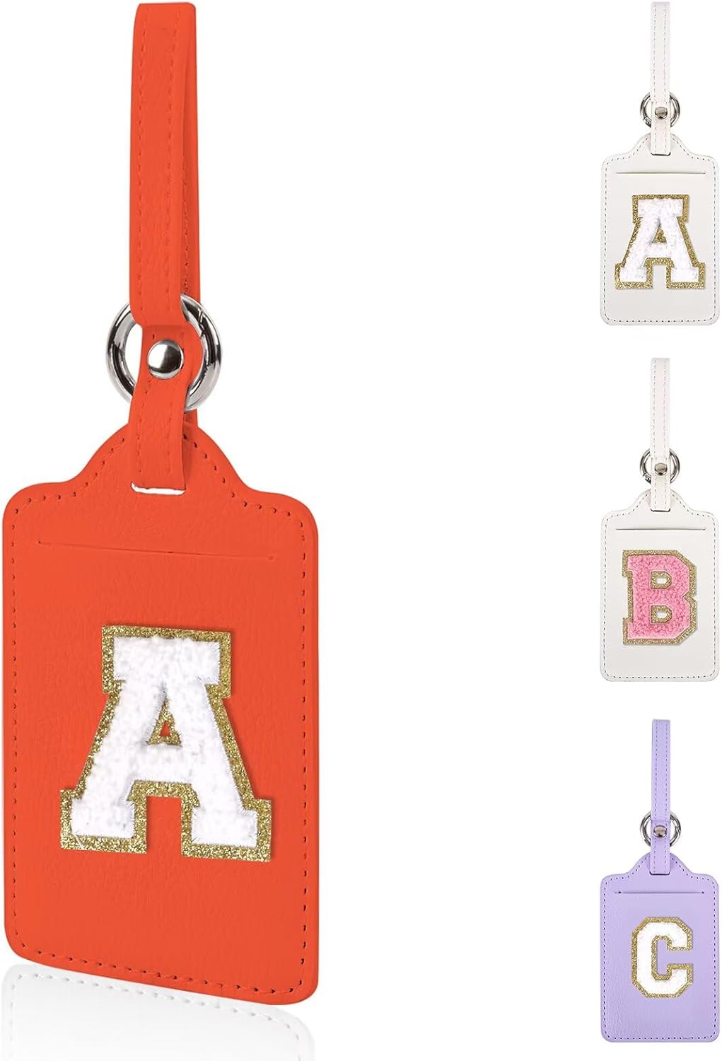 XSUIOY Personalized Initial Luggage Tags, Leather Chenille Letter Cute Luggage Tags with Privacy Name Card, Embroidered Travel Bag Backpack Tags Gifts for Women Kids Girls Teens (Orange, 1 Pack)