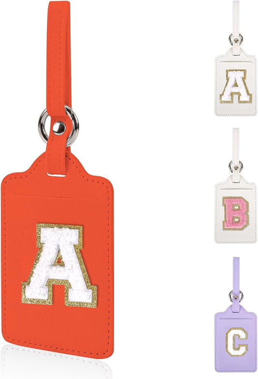 XSUIOY Personalized Initial Luggage Tags, Leather Chenille Letter Cute Luggage Tags with Privacy Name Card, Embroidered Travel Bag Backpack Tags Gifts for Women Kids Girls Teens (Orange, 1 Pack)