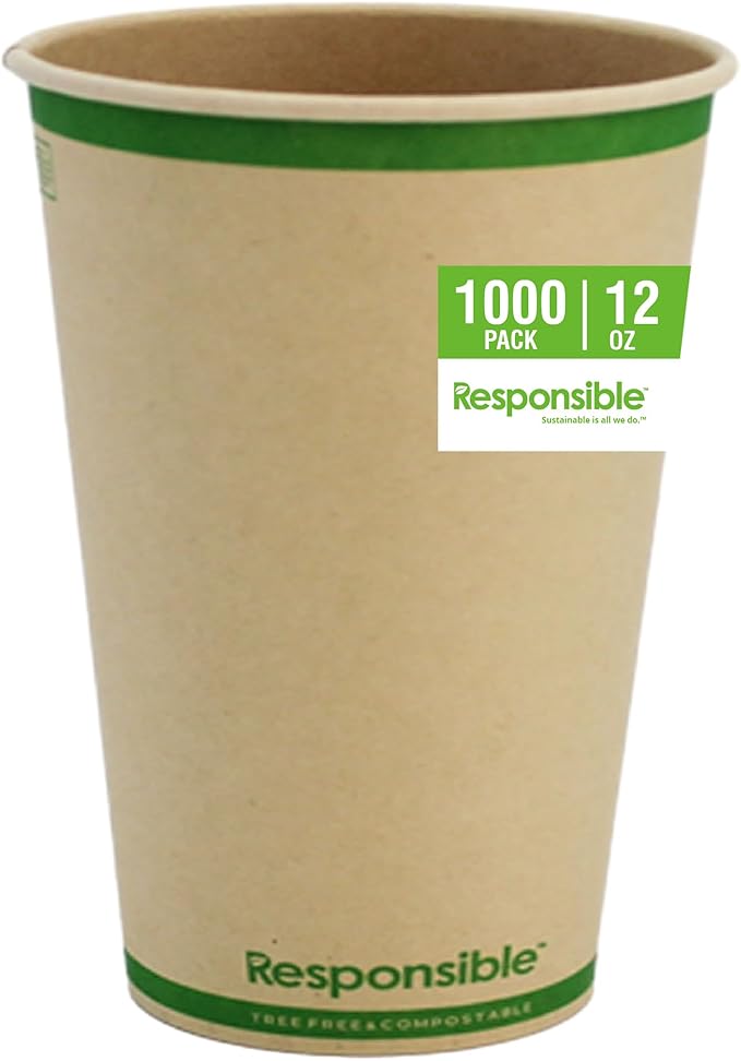 Responsible Products 12 oz Paper Hot Cups, Tree-Less™ Compostable Paper Coffee Cups, Extra Strength, Tree-Free and Made Without PFAS, Natural Brown (1000 Count)
