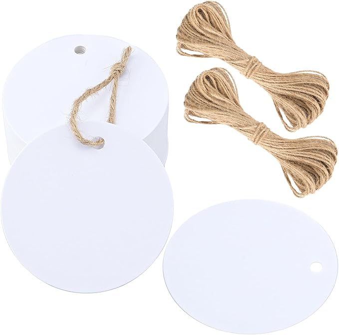 G2PLUS 100PCS White Round Gift Tags with String-2.5 Inches Blank Circle Paper Tags Large Craft Labeling Tag for Wedding, Birthday, Christmas Party Favors