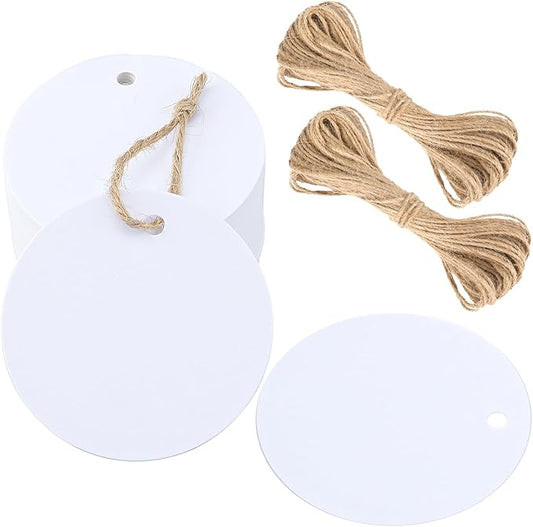 G2PLUS 100PCS White Round Gift Tags with String-2.5 Inches Blank Circle Paper Tags Large Craft Labeling Tag for Wedding, Birthday, Christmas Party Favors