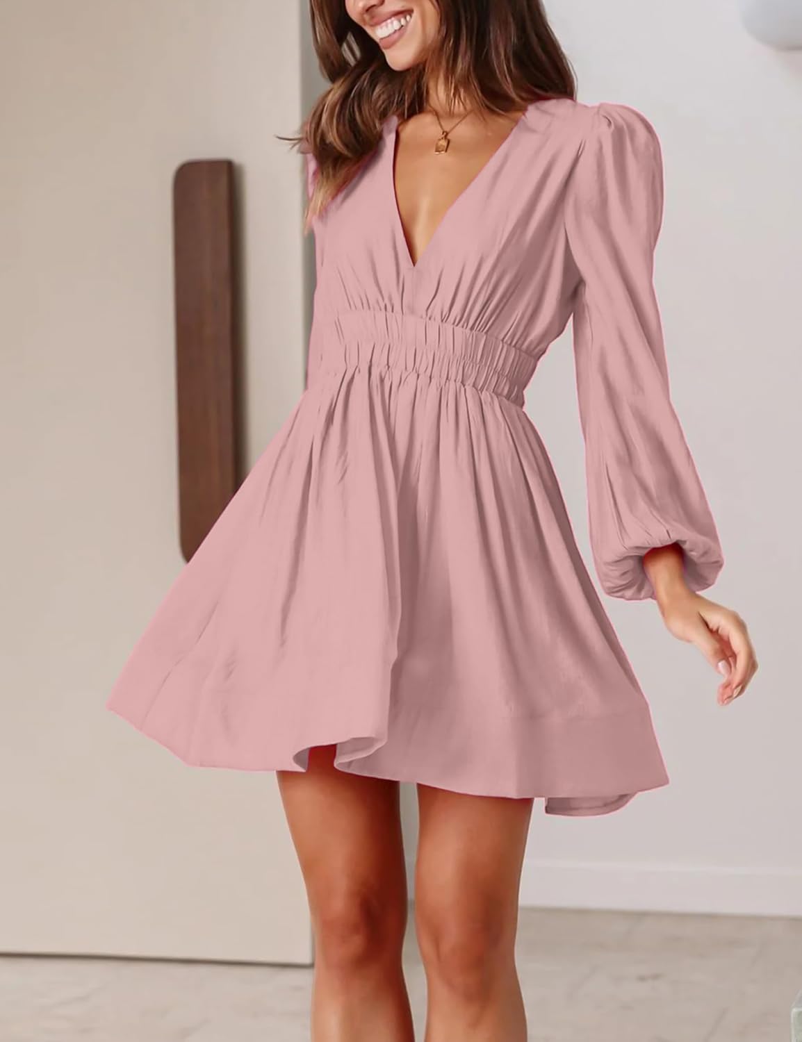 FAIABLE Mini Deep V Sexy Long Sleeve Dress for Women A-line High Waisted Casual Flowy Dress for Cocktail Wedding Guest